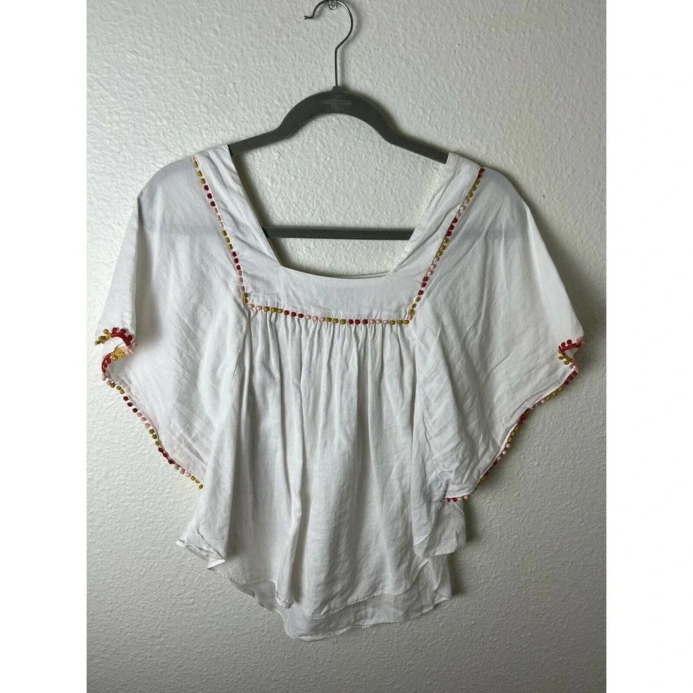 Madewell Pom Pom Butterfly‎ Top H9217 Size XXS Cotton square Neck White